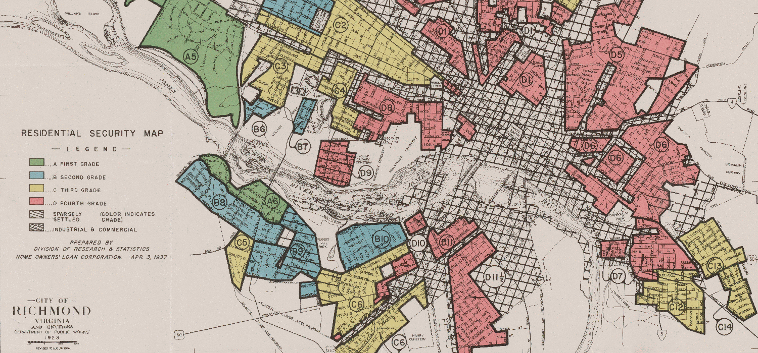 A “redlining” map of Richmond, Virginia, from 1937 produced by the Home Owners’ Loan Corporation used to appraise home values and neighborhoods. 