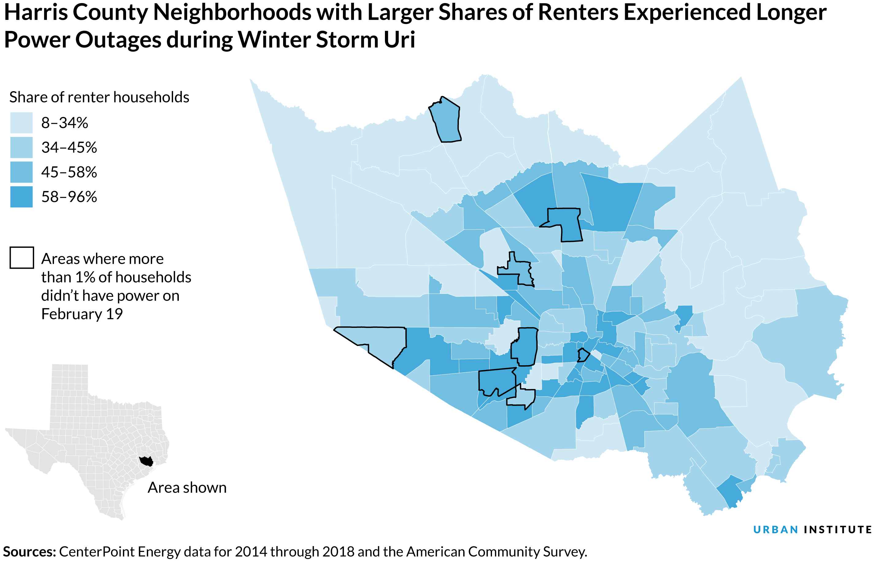 Map showing that Harris County neighborhoods with larger shares of renters experienced longer power outages during Winter Storm Uri