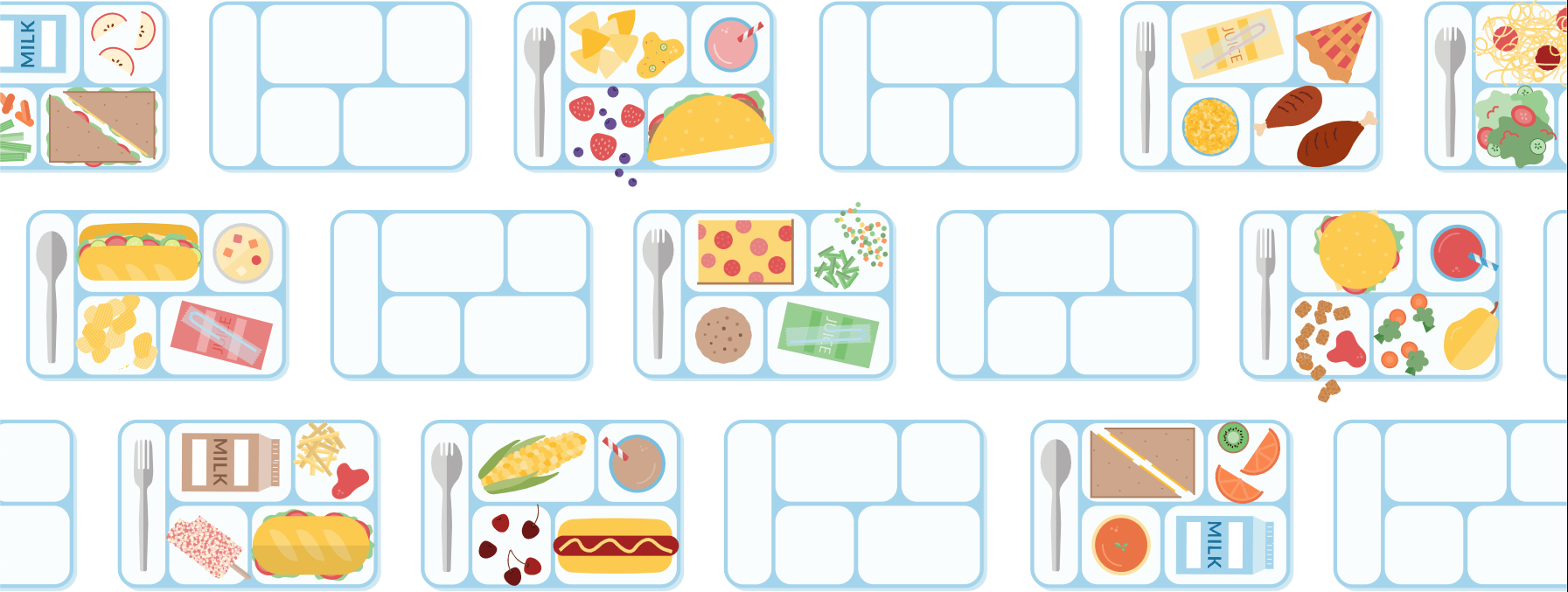 Illustrated student lunches and trays