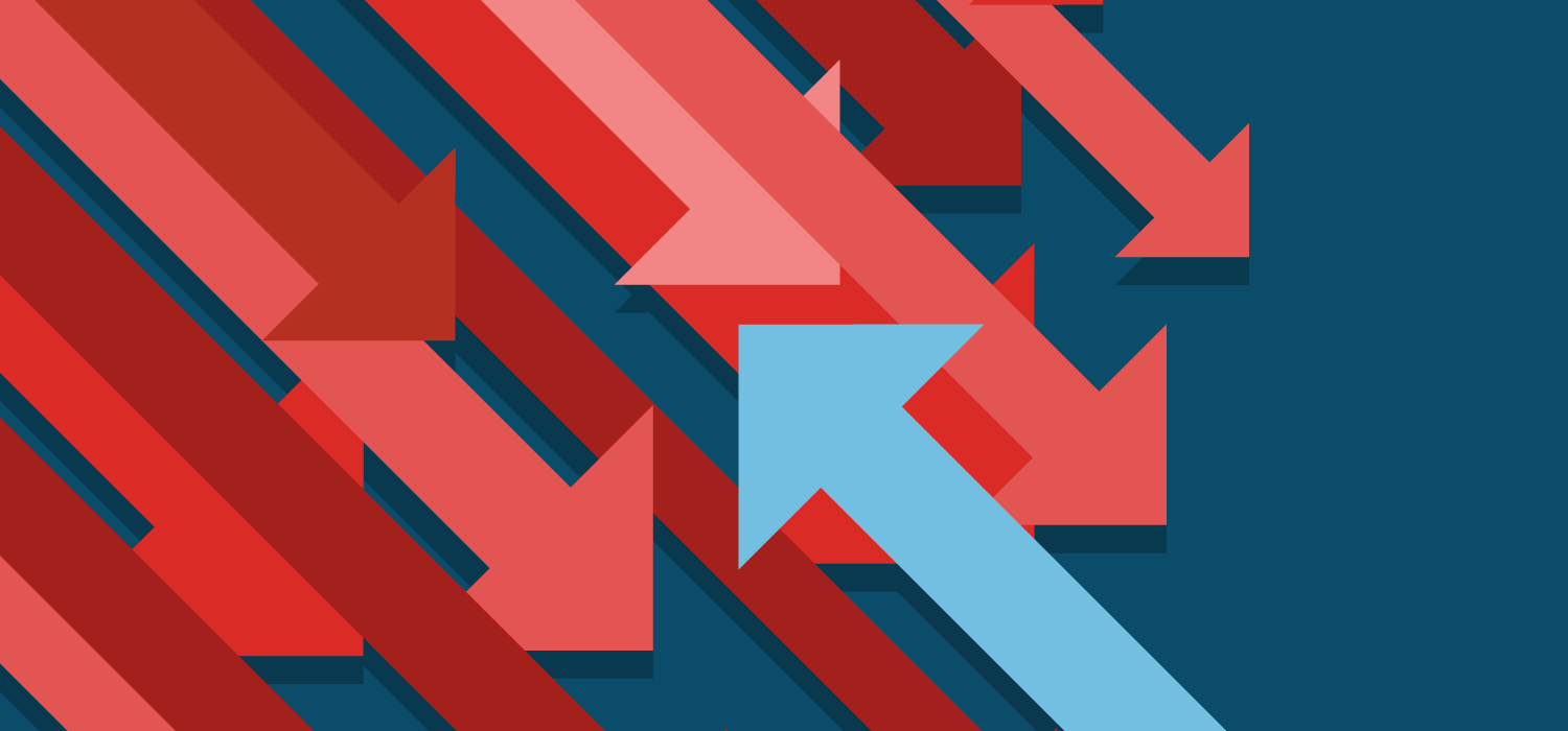 Multiple red arrow going down against one blue arrow going up Illustration