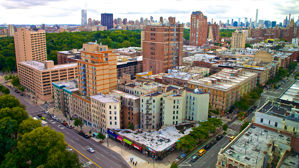 Corner with residential buildings in Morningside Heights, NYC