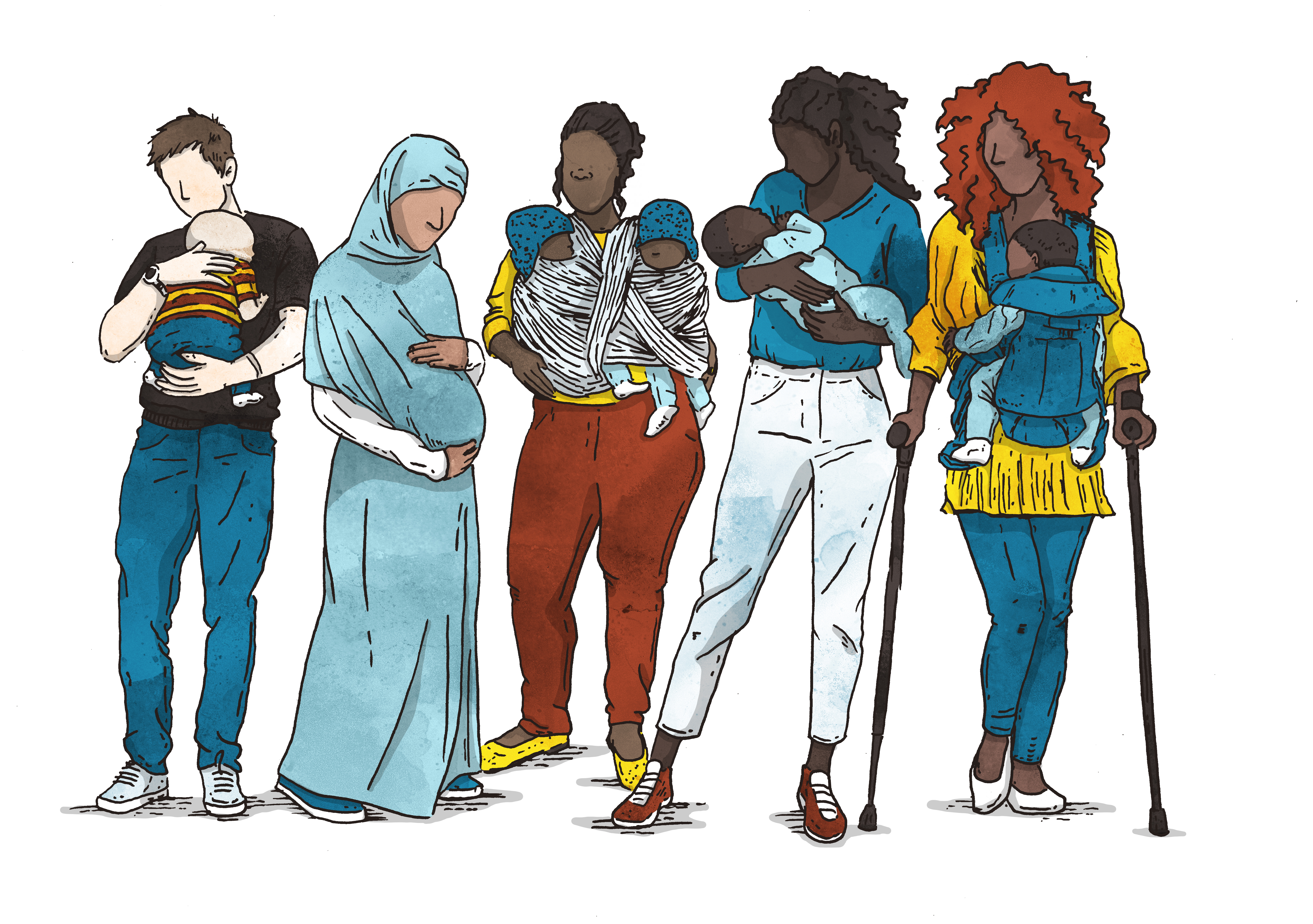 Five mothers—diverse in their races and ethnicities, body types, and gender presentation—stand together holding their babies. 