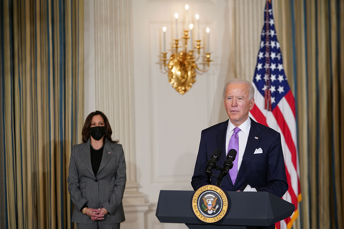 US President Joe Biden arrives to speak on racial equity with US Vice President Kamala Harris
