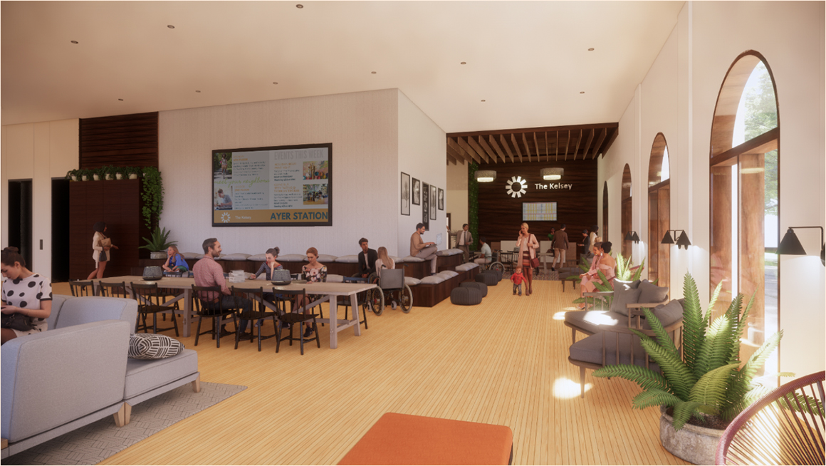 A rendering of one of several community spaces in The Kelsey’s Ayer Station in San Jose.