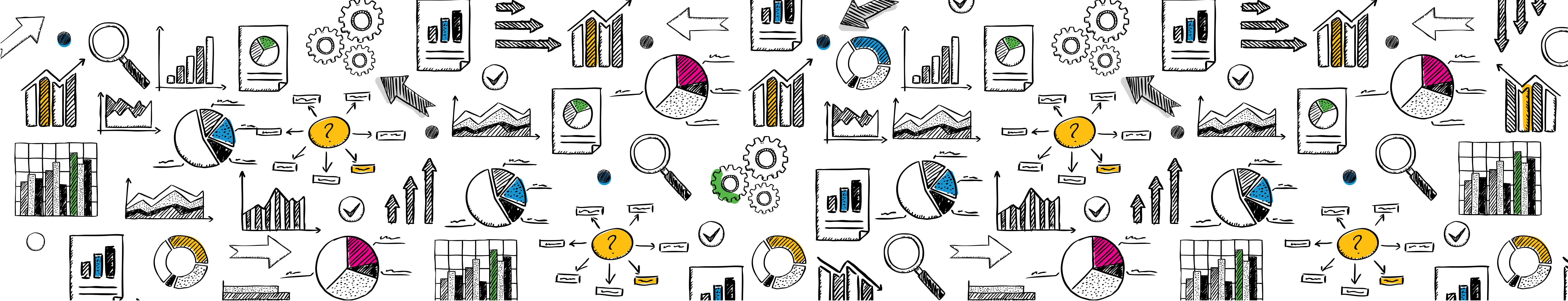 Colorful illustration of graphs, pie charts, bar charts, etc