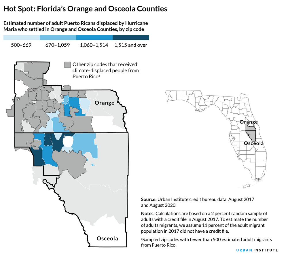 estimated number of adult Puerto Ricans displaced by Hurricane Maria who settled in Orange and Osceola counties graphic