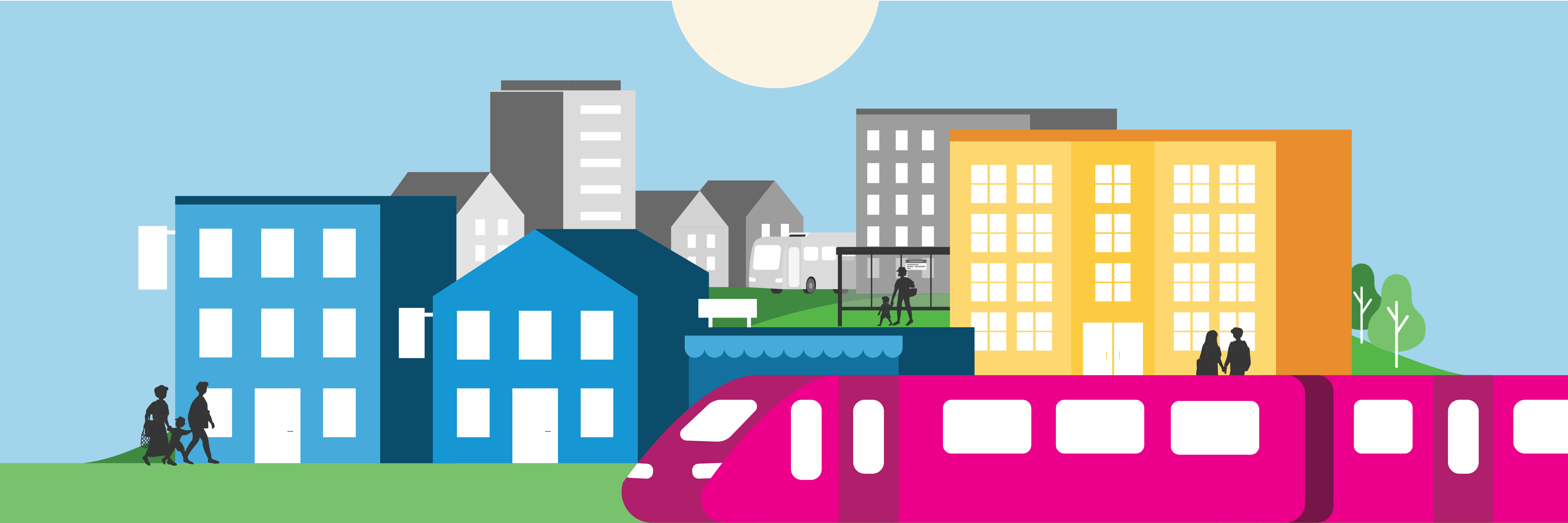Illustrated city with colorful buildings, trees, people, a bus stop, and a bright pink train in the foreground.