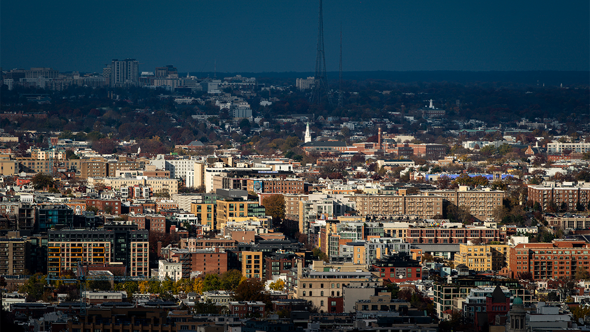 Photo of apartment buildings in the Columbia Heights neighborhood and along 14th Street NW in Washington, DC. 