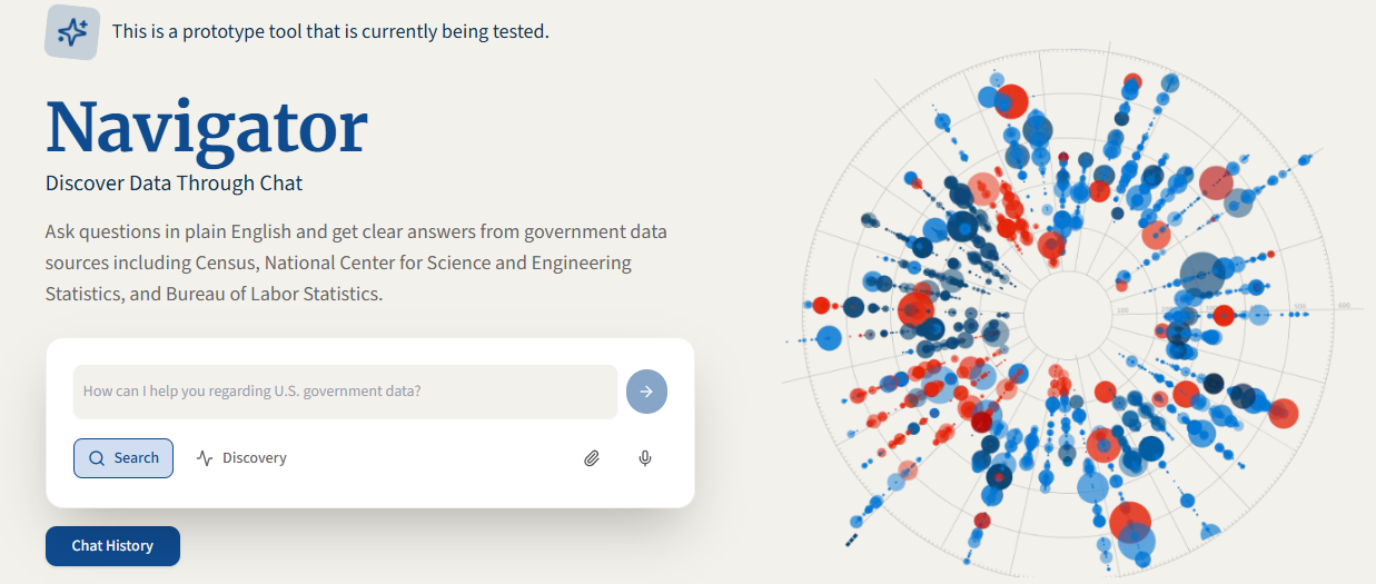 Navigator homepage with a chat-based government data search tool and a circular blue-and-red data visualization.