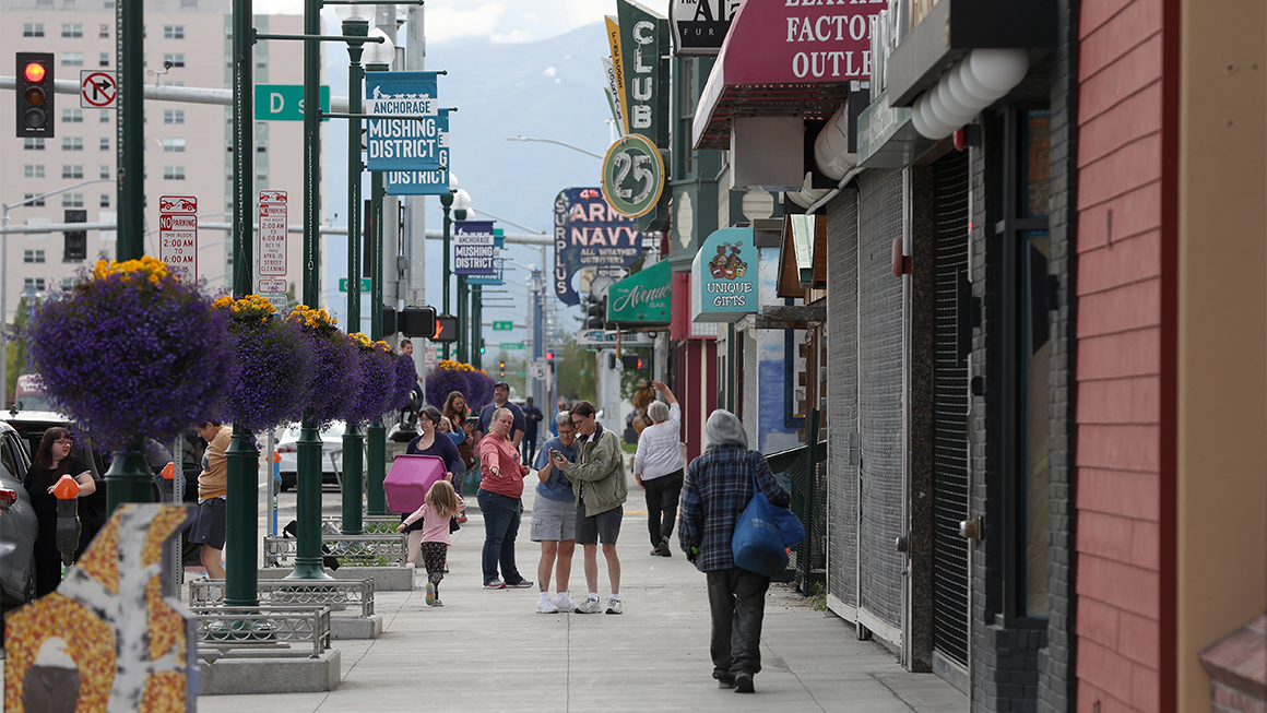 A photo of a bustling street in downtown Anchorage, Alaska.