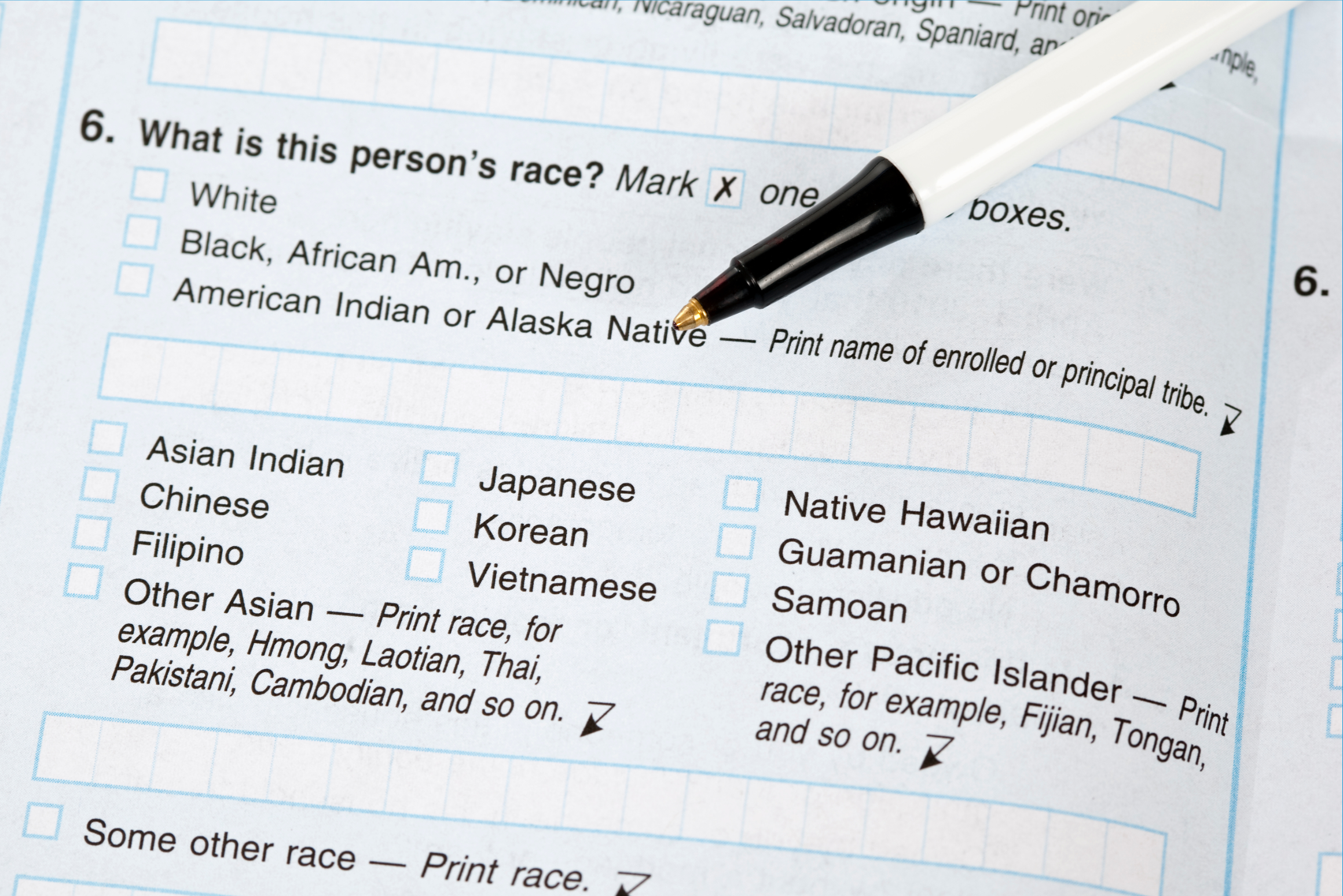 Census race question with response options and pen