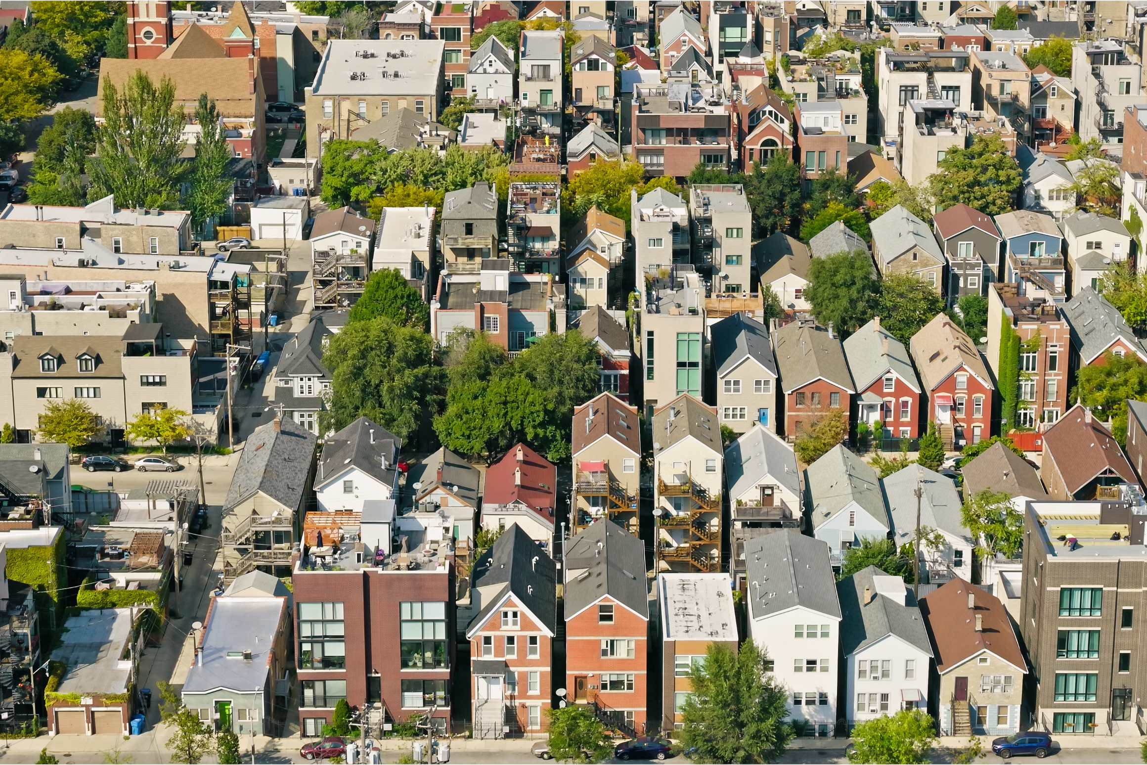 Aerial photo of Chicago, Illinois on a clear day in fall from over West Town.
