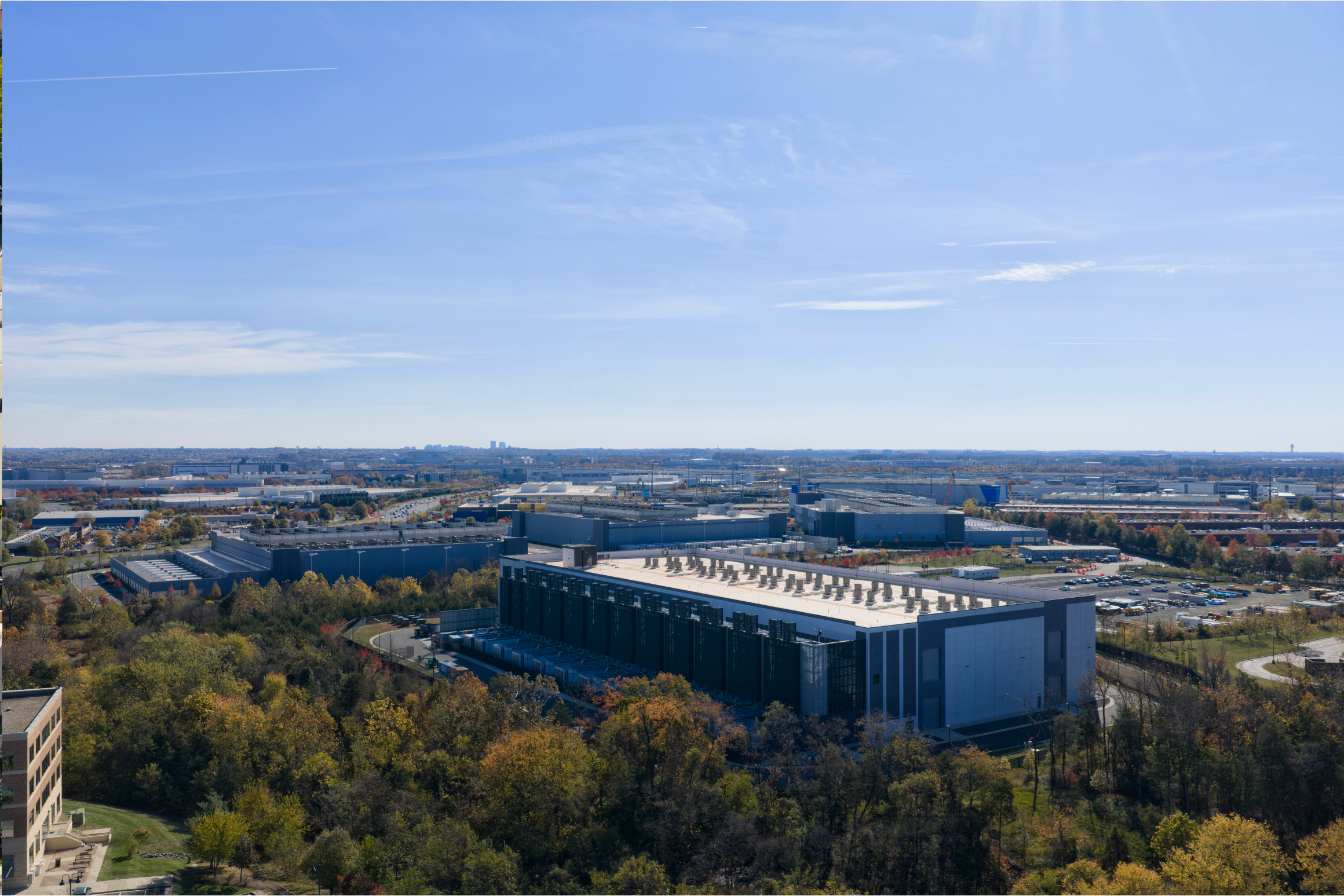 A photo of several data centers in Ashburn, Virginia, on an autumn day. 