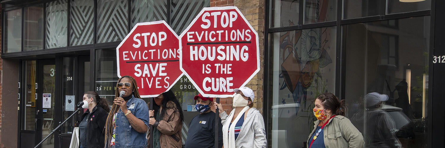people attending astop evictions demonstration during the COVID-19 pandemic