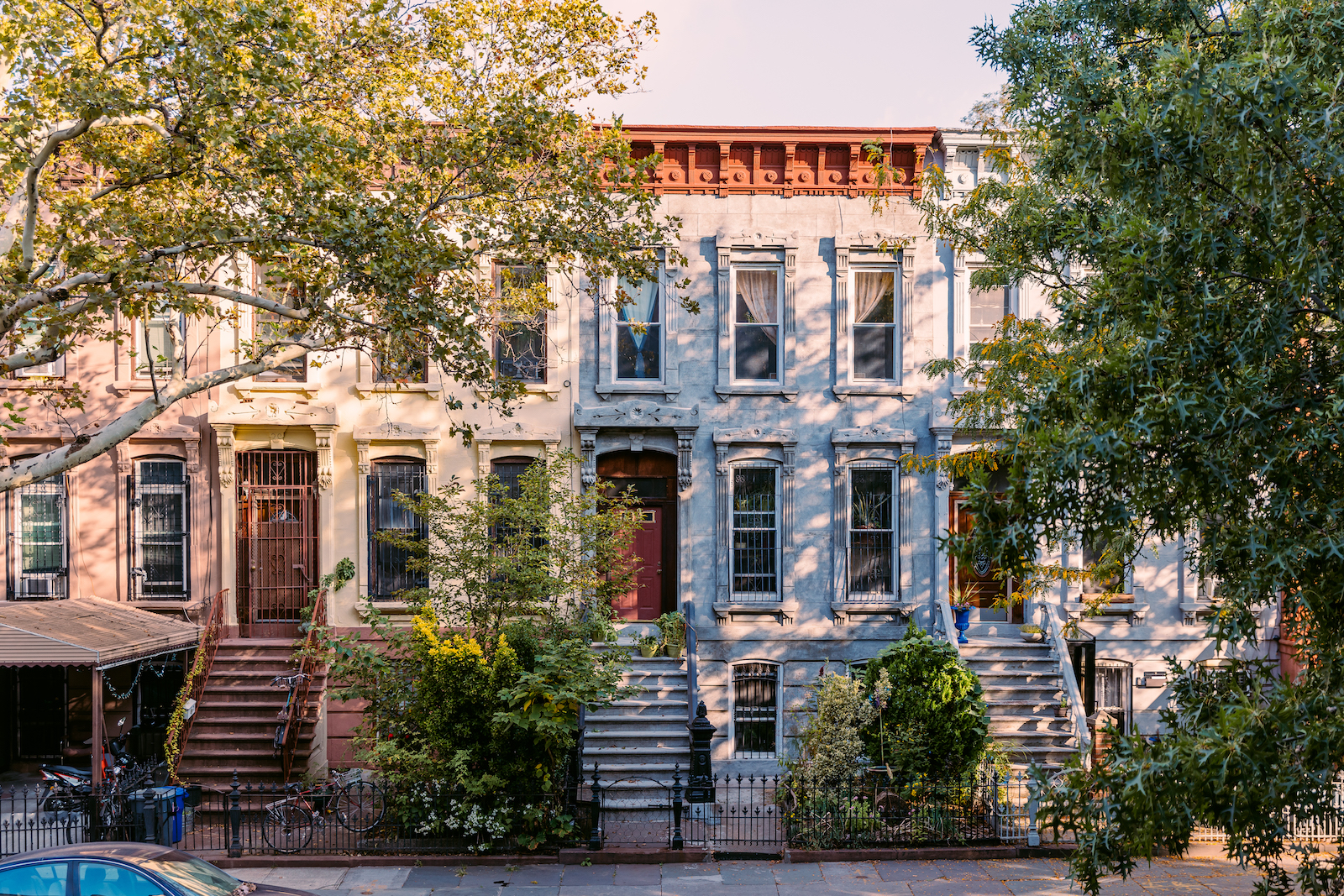 Street with residential townhouses in Brooklyn, New York City