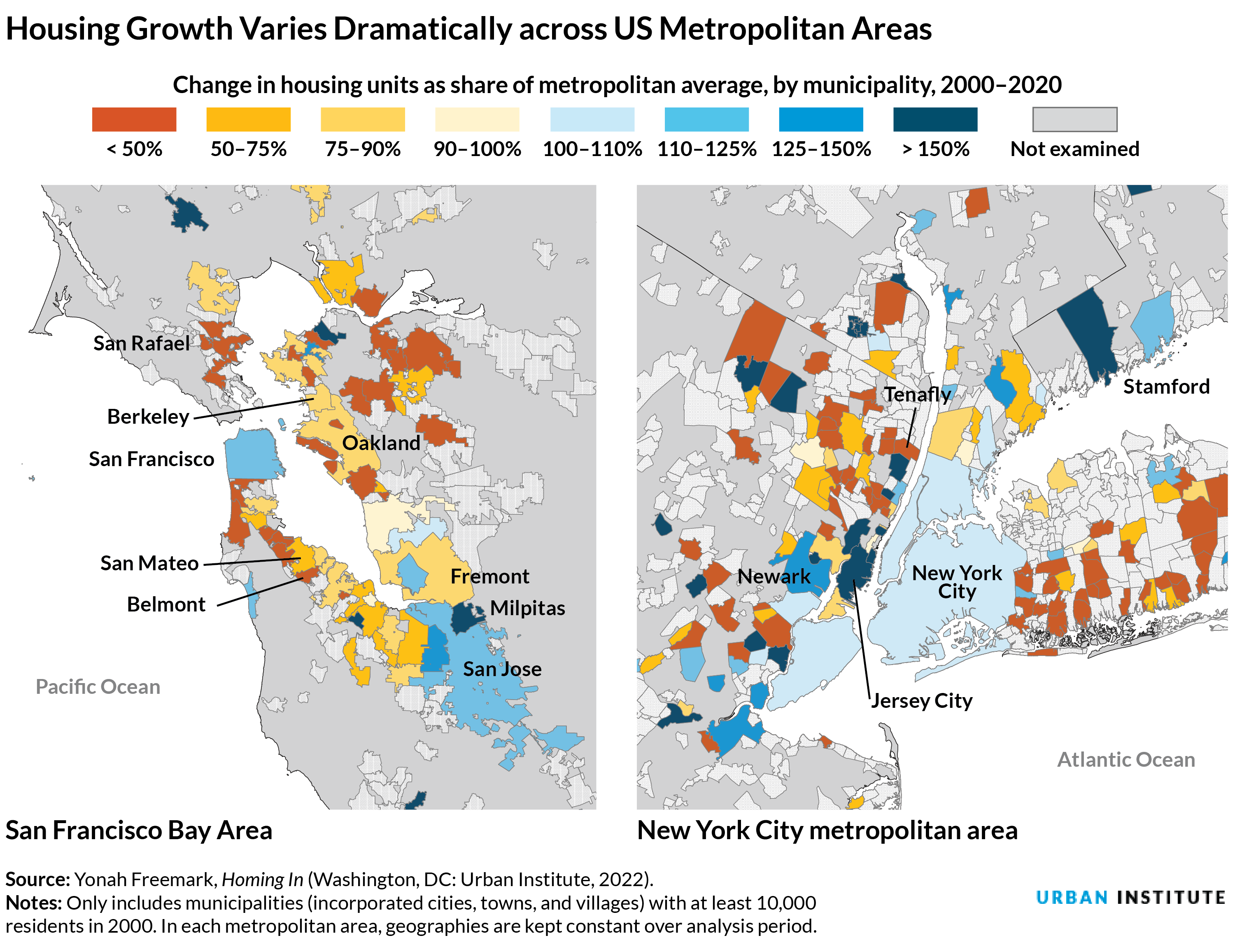 maps of the San Francisco Bay area and New York metropolitan area showing housing growth varies dramatically across US metro areas