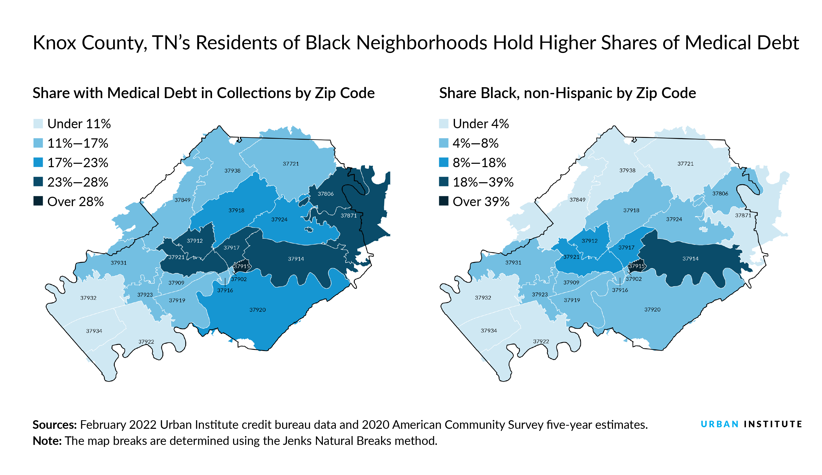Two maps of Knox County that show zip codes where more Black residents live hold higher shares of medical debt. 