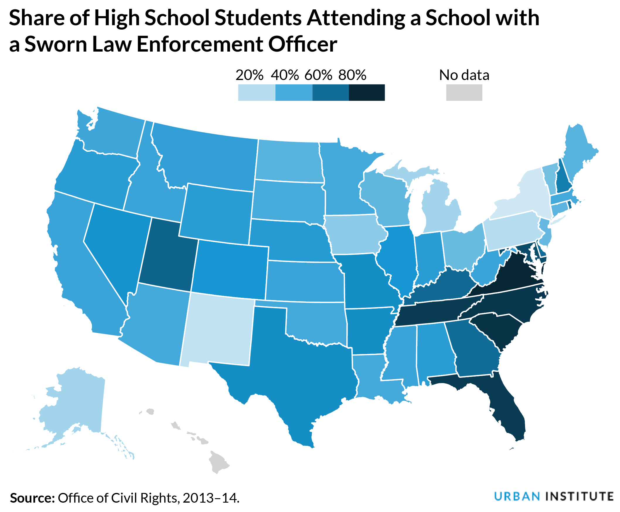 map showing share of high school students that attend a school with a sworn police officer