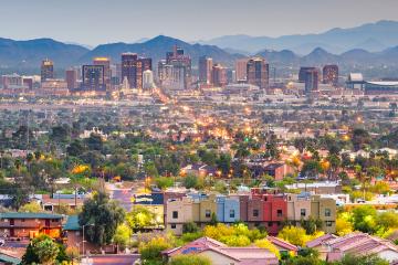Phoenix downtown cityscape at dusk.