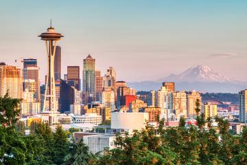 Seattle Cityscape with Mt. Rainier in the Background at Sunset
