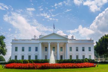 Clouds form over the top of the north entrance to the White House on August 18, 2024, in Washington, DC. The White House is the official residence and office of the President of the United States.