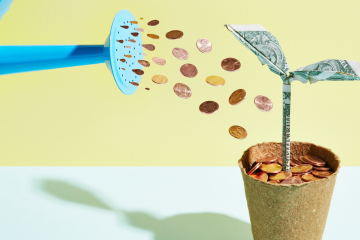 An illustration of a watering can and flower, with coins coming out of the watering can to represent the importance of wealth for growth.