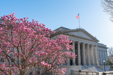The Treasury Building during The National Cherry Blossom Festival, Washington DC, USA