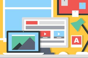 Illustration of a computer monitor and laptop displaying digital content on a desk, representing web design or content creation.