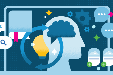 Illustration showing AI tools and workflows, with a computer screen, cloud, lightbulb, search bar, chat bubbles, gears, documents, and puzzle pieces connected through automated processes.