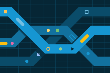 Abstract illustration of colorful interconnected pathways on a grid background, representing data flow, digital systems, or network connections.