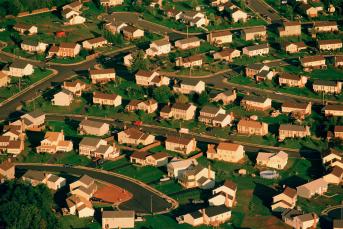 Aerial view of single family homes.