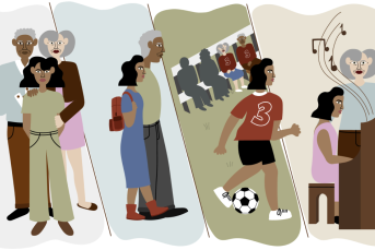A stylized illustration of diverse people taking part in activities like taking a family photo, taking a walk, playing soccer, and learning the piano.