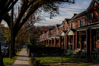 Image of a row of brick homes in the Fort Totten neighborhood in Washington, DC. 