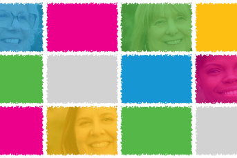 Colorful grid of paint-edged rectangles with partial close-ups of smiling people in blue, green, yellow, and pink overlays.