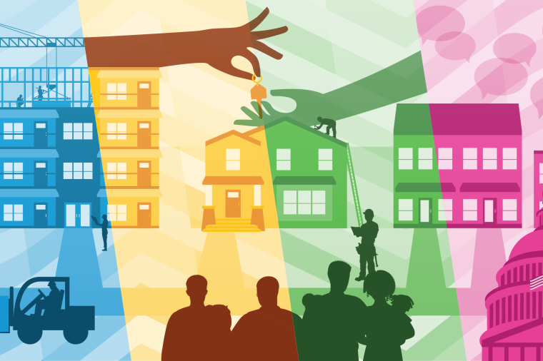 An illustration representing the initiatives' four objectives, from left to right: builders constructing multifamily housing; a family getting keys to a new home; a family watching contractors repair their roof; and housing policy discussions at the US Capitol. 