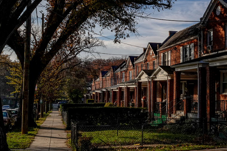Image of a row of brick homes in the Fort Totten neighborhood in Washington, DC. 