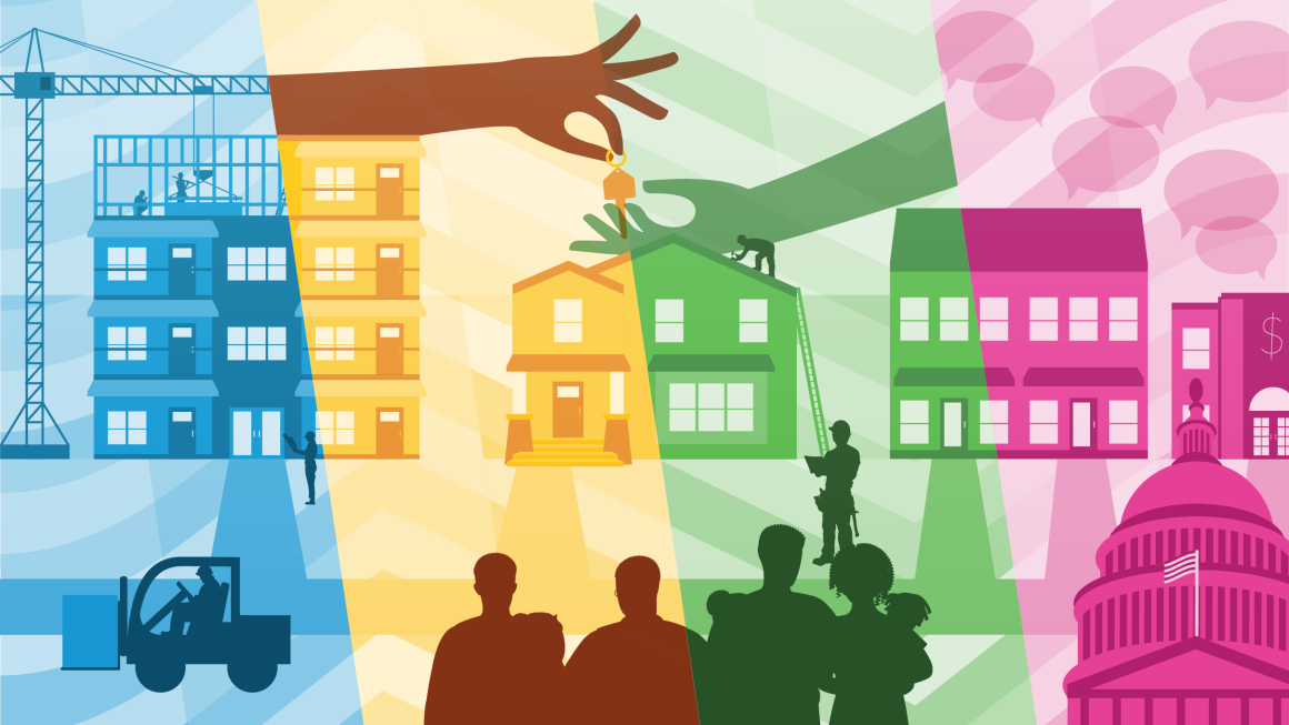 An illustration representing the initiatives' four objectives, from left to right: builders constructing multifamily housing; a family getting keys to a new home; a family watching contractors repair their roof; and housing policy discussions at the US Capitol. 