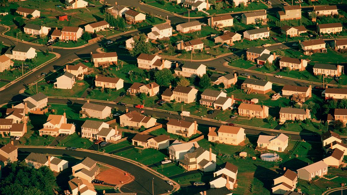 Aerial view of single family homes.