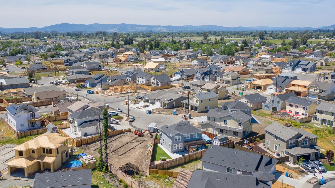 Aerial photo of reconstruction after wildfire damage in Coffey Park, Santa Rosa, California