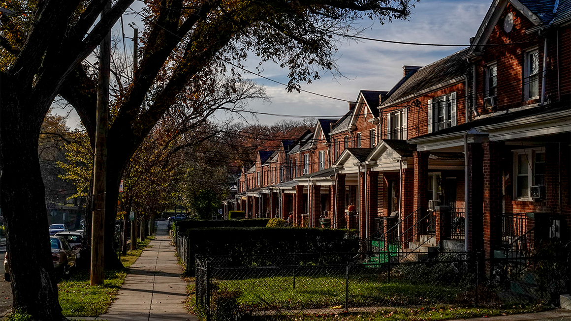 Image of a row of brick homes in the Fort Totten neighborhood in Washington, DC. 