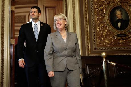 Members of the bipartisan budget conference Rep. Paul Ryan (R-WI) and Sen. Patty Murray (D-WA) discuss their initial meeting at the US Capitol October 17, 2013 in Washington, DC. Photo by Win McNamee/Getty Images
