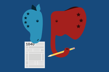 Illustration of donkey, elephant, and tax paraphernalia 