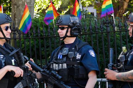 NYPD officers patrol before the Queer Liberation March on June 30, 2019 in New York City.
