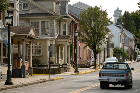 A pick up truck drives through main street in Kutztown, Pennsylvania.