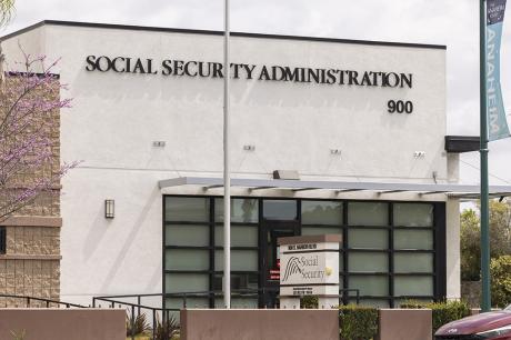 Photo of the facade of a Social Security Administration Field Office in Anaheim, California in early spring.