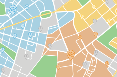Abstract, color-coded map of a city with neighborhoods shaded in blue, orange, yellow, and green, overlaid with location pins marking various points of interest.