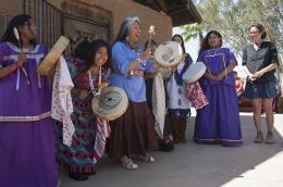 Students from Sherman Indian High School, an off-reservation boarding high school for Native Americans in Riverside, California, sing native songs together 