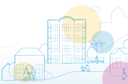 Illustration with people, buildings and trees
