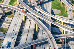 An aerial view of a highway interchange.