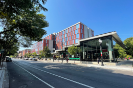 Photo of the Taylor Street Library in Chicago, which sits on the ground floor of a seven-story combined library-apartment building.